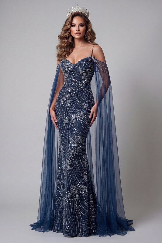 Cold Shoulder Navy Beaded Mermaid Pageant Dress