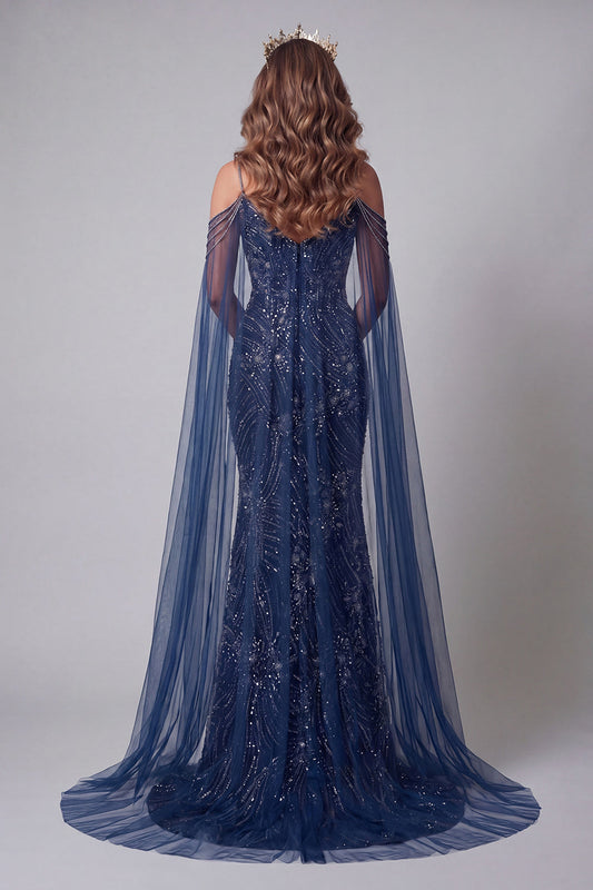 Cold Shoulder Navy Beaded Mermaid Pageant Dress