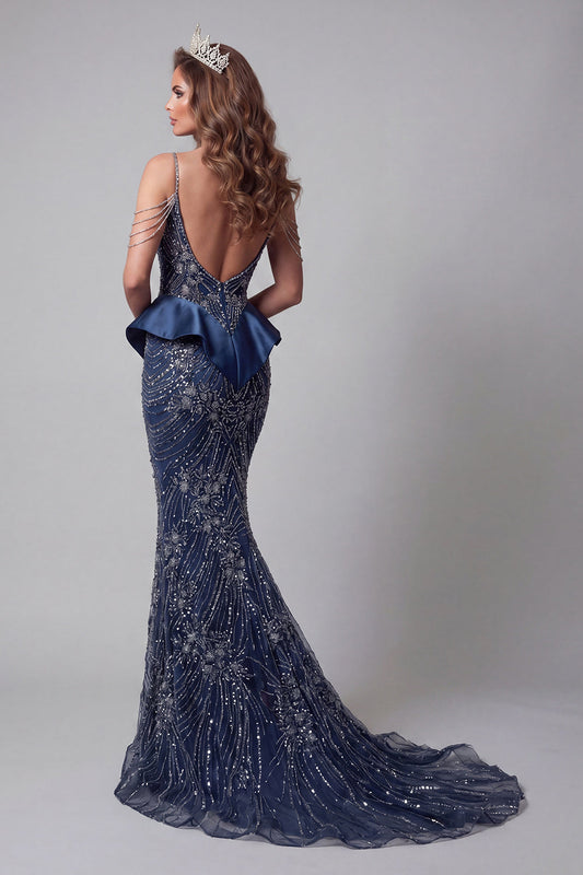 Cold Shoulder Navy Sequin Mermaid Pageant Dress