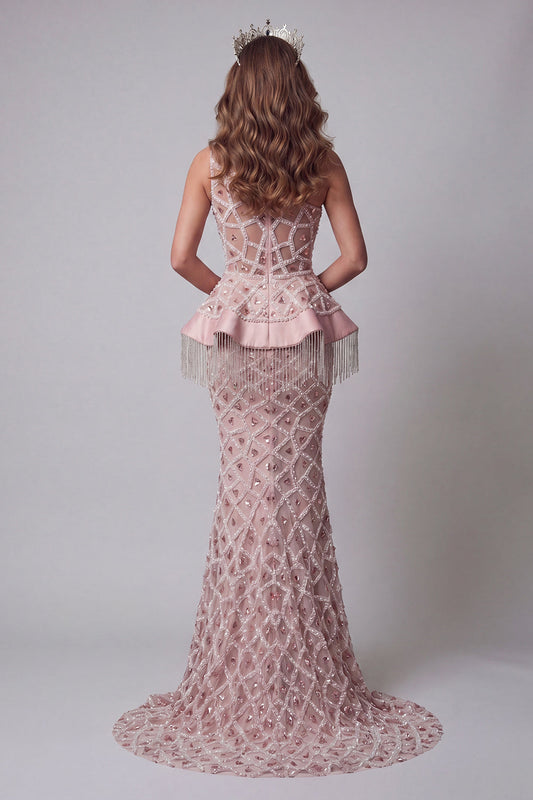 Robe de soirée sirène asymétrique à paillettes, blush, avec gland