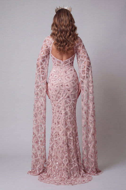 Robe de soirée sirène sequins rose poudré à col montant