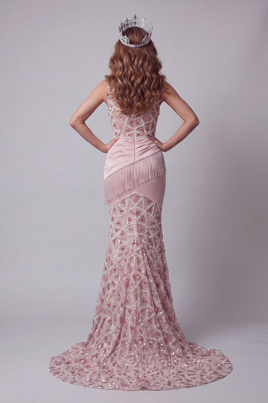 Robe de soirée à une épaule en sequins blush avec pompons