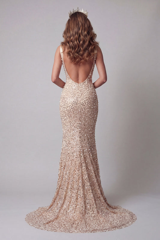 Champagne Sequin Mermaid V-Neck Pageant Dress