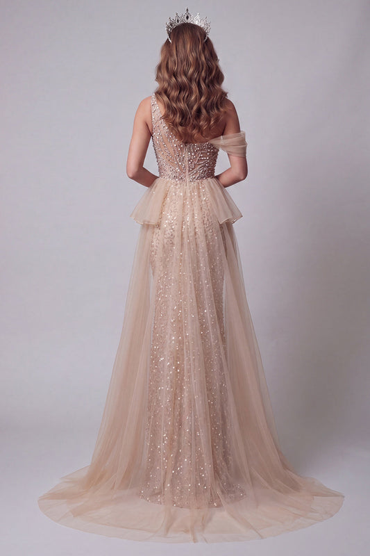 One Shoulder Champagne Sequin Mermaid Pageant Dress with Cape