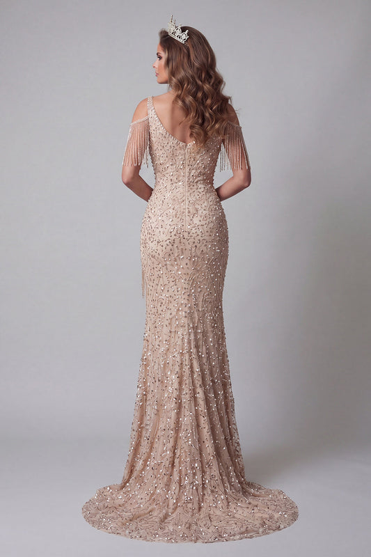 Cold Shoulder Champagne Sequin Mermaid Pageant Dress with Slit