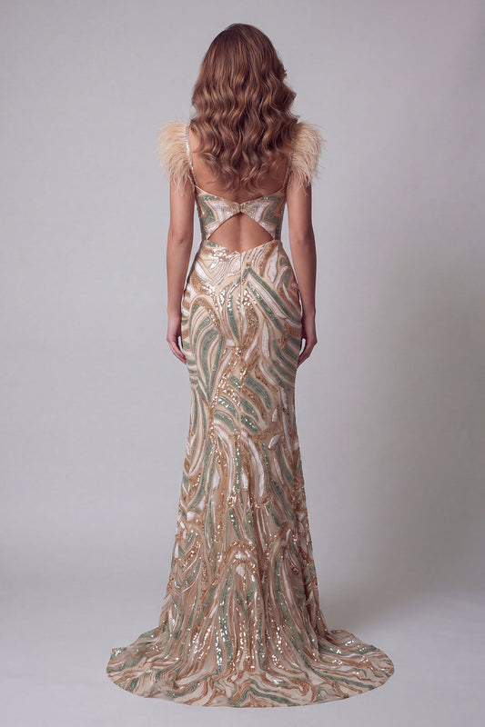 Champagne Mermaid Sequin Pageant Dress with Feathers