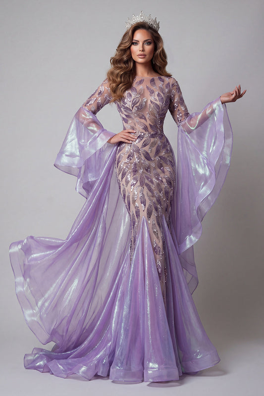 Sparkly Lavender Flare Sleeves Mermaid Long Beaded Pageant Dress