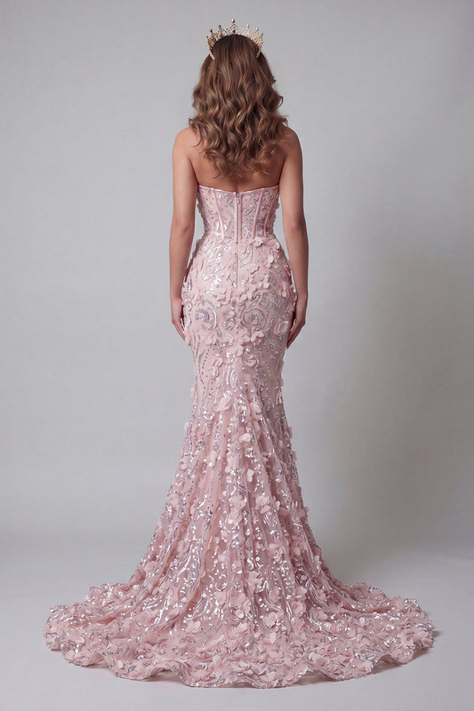 Robe de bal longue sirène blush scintillante à sequins, corset bustier et fleurs de perles