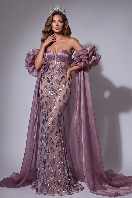 Sparkly Vintage Mauve Corset Mermaid Long Beaded Ruffled Pageant Dress with Cape