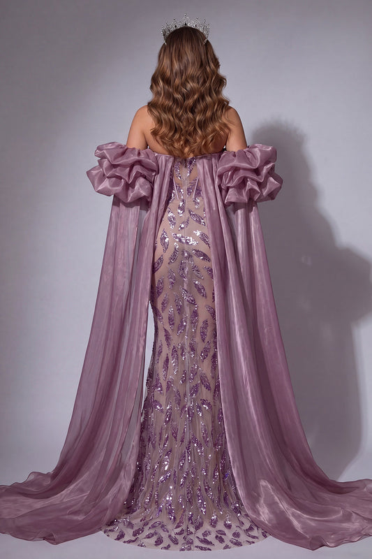 Sparkly Vintage Mauve Corset Mermaid Long Beaded Ruffled Pageant Dress with Cape