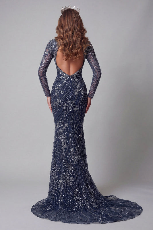 Sparkly Navy Open Back High Neck Mermaid Long Beaded Pageant Dress