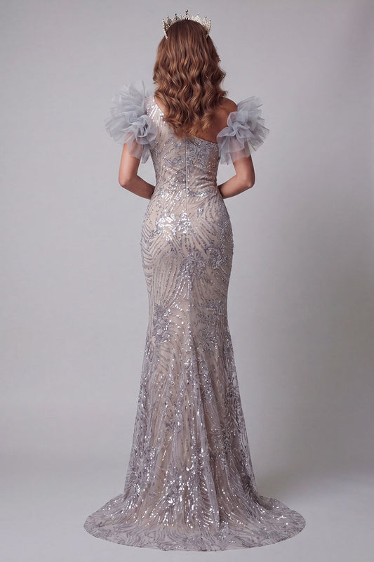 Sparkly Silver Long Mermaid One Shoulder Beaded Pageant Dress with 3D Flowers