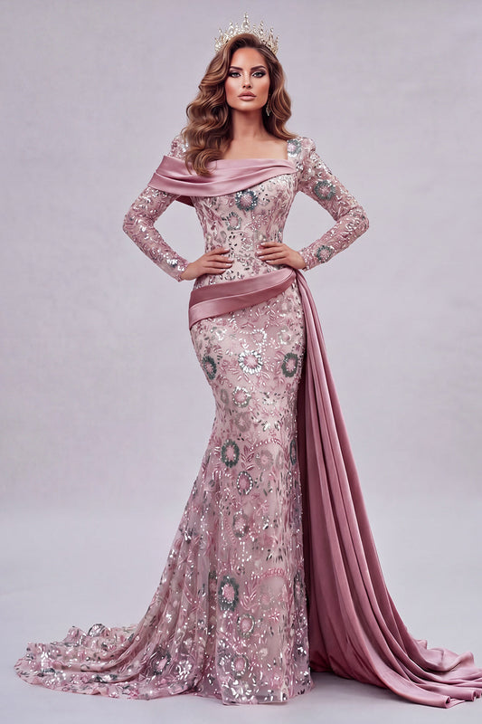 Robe de sirène de concours à manches longues rose scintillante perlée florale avec cape latérale