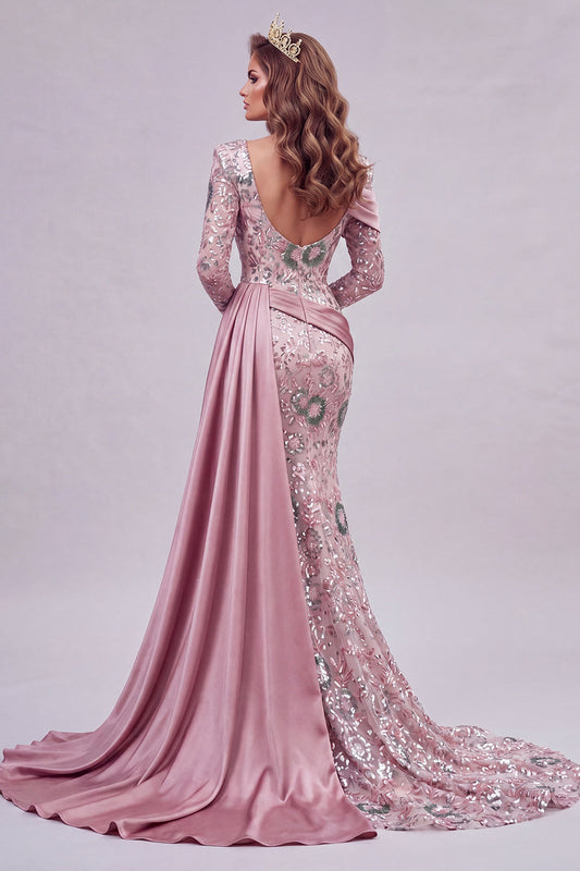 Robe de sirène de concours à manches longues rose scintillante perlée florale avec cape latérale