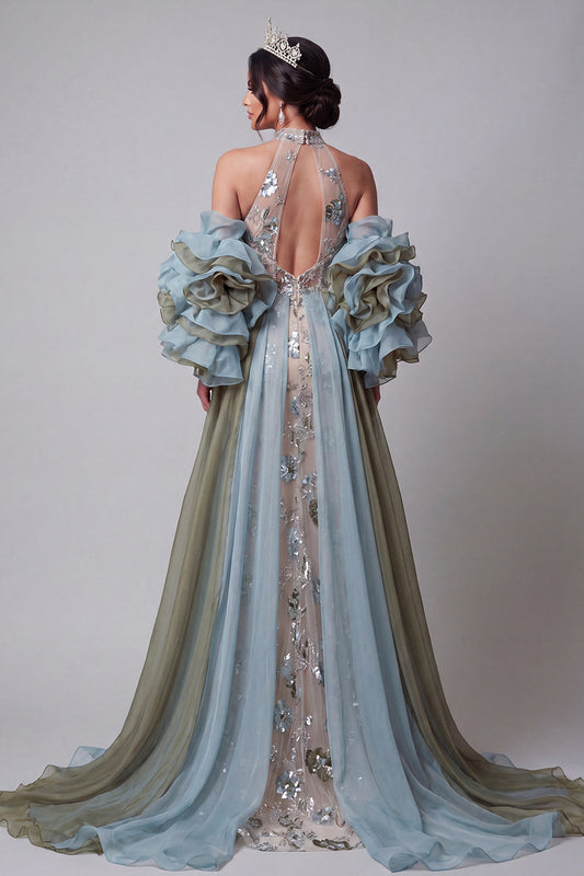 Sparkly Champagne Mermaid Ruffled Beaded Floral Long Pageant Dress with Cape