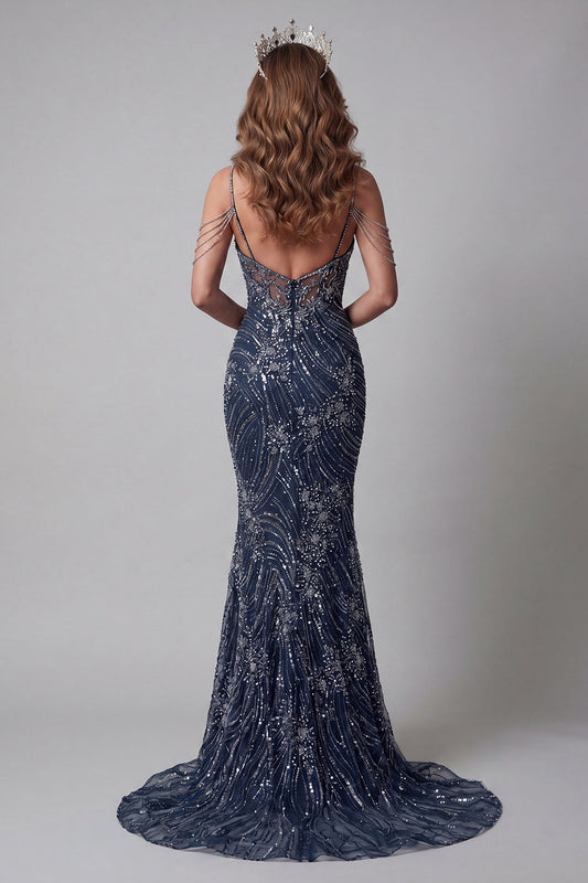 Sparkly Navy Long Mermaid Cold Shoulder Pageant Dress with Beading