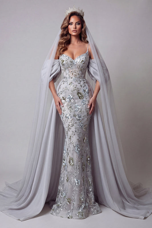 Sparkly Silver Beaded Mermaid Floral Long Spaghetti Straps Pageant Dress with Cape