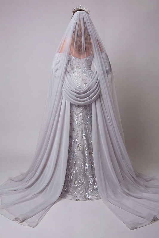 Sparkly Silver Beaded Mermaid Floral Long Spaghetti Straps Pageant Dress with Cape