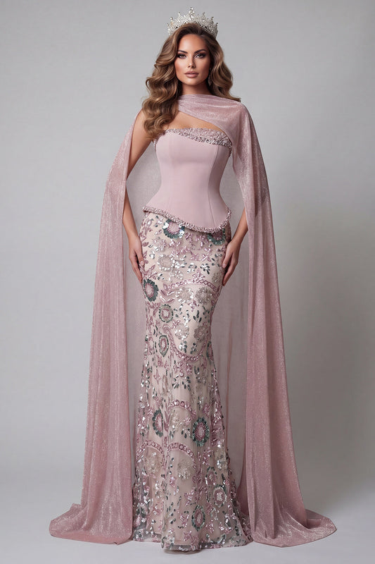 Robe de bal sirène longue rose étincelante sans bretelles perlée florale avec cape