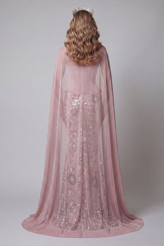 Robe de bal sirène longue rose étincelante sans bretelles perlée florale avec cape