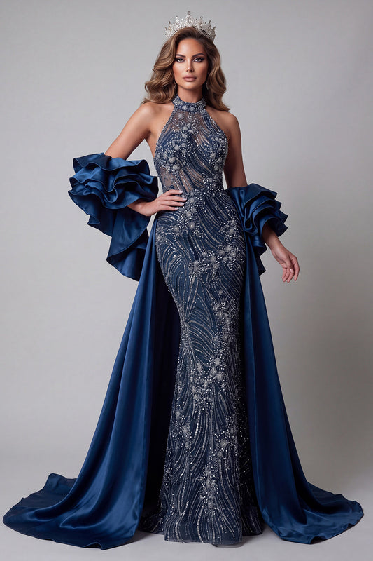Sparkly Navy Ruffled Mermaid Long Beaded Pageant Dress with Cape