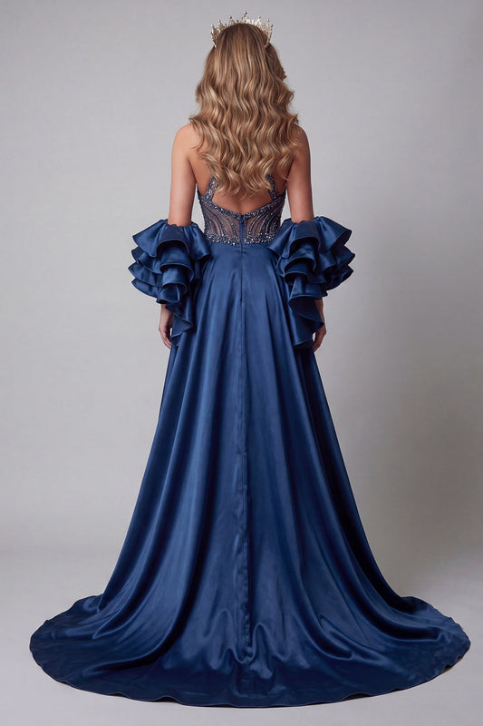 Sparkly Navy Ruffled Mermaid Long Beaded Pageant Dress with Cape