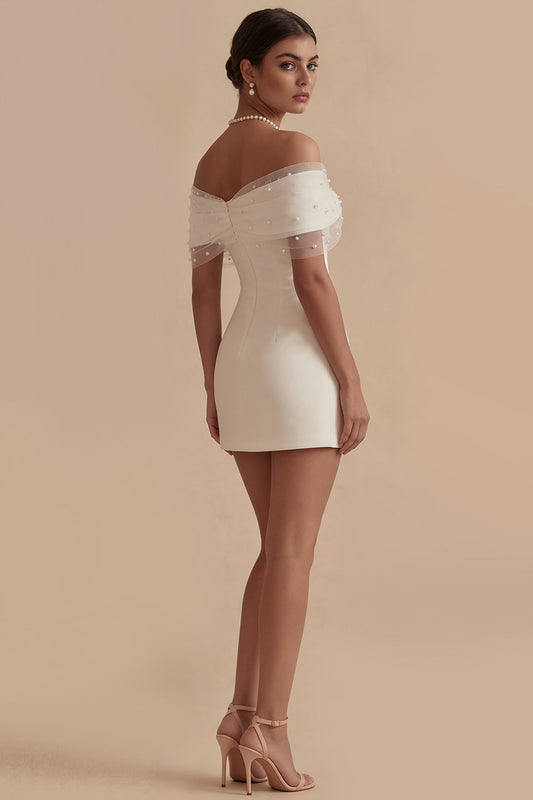 White Off-the-Shoulder Ruched Short Tight Graduation Dress