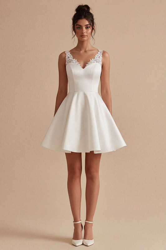 White Short V-Neck A-Line Graduation Dress with Lace