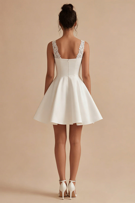 White Short V-Neck A-Line Graduation Dress with Lace