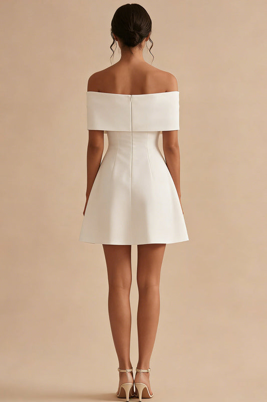 White Off-the-Shoulder Satin Short Graduation Dress with Bow