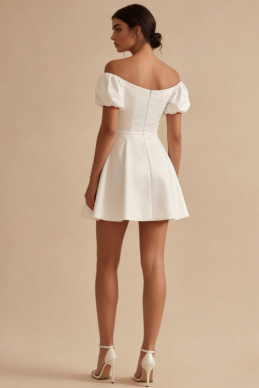 White Puff Sleeves Off-the-Shoulder Short A-Line Graduation Dress