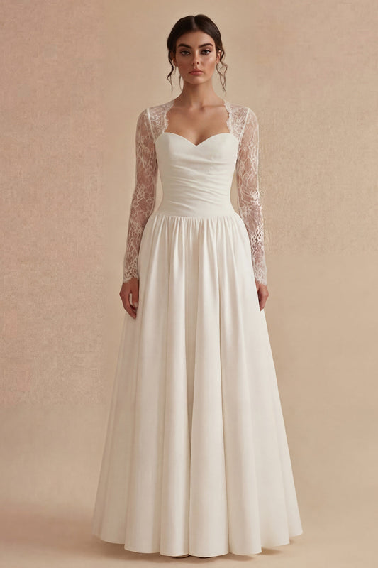 Robe de mariée longue bohème blanche en dentelle à manches longues et motif floral coupe trapèze