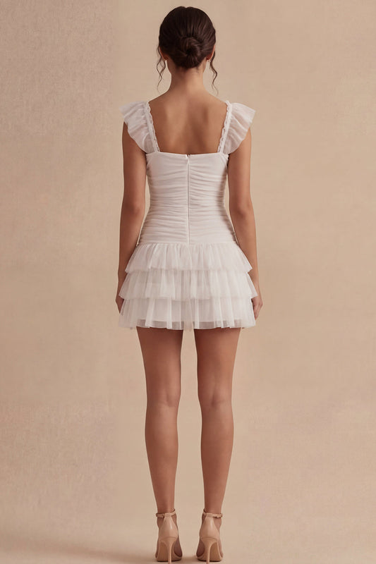 White Square Neck Short Ruched A-Line Graduation Dress with Ruffles