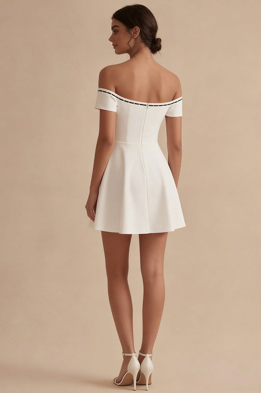 White Off-the-Shoulder Short A-Line Graduation Dress with Bow