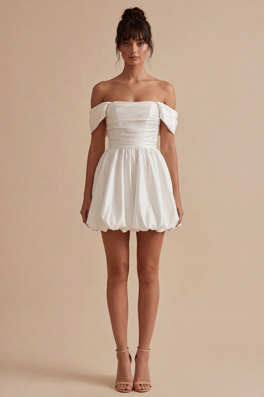 White Ruched Off-the-Shoulder Short A-Line Graduation Dress