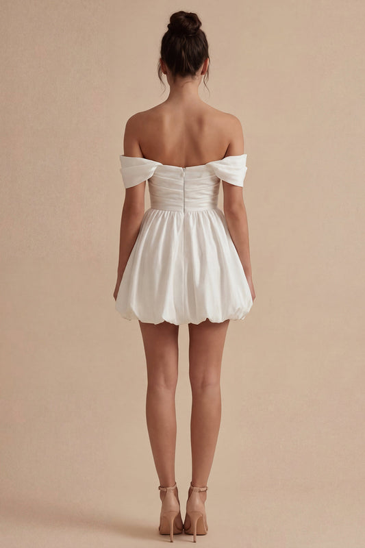White Ruched Off-the-Shoulder Short A-Line Graduation Dress