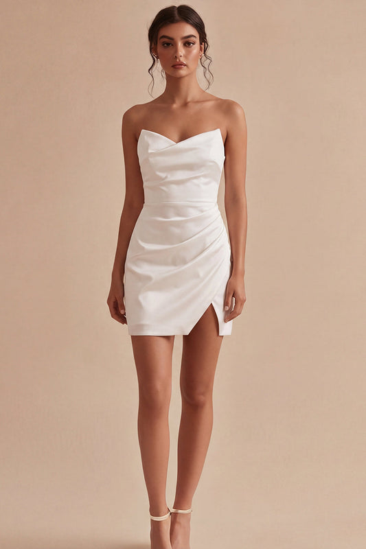 Strapless Bodycon Ruched Little White Dress with Slit