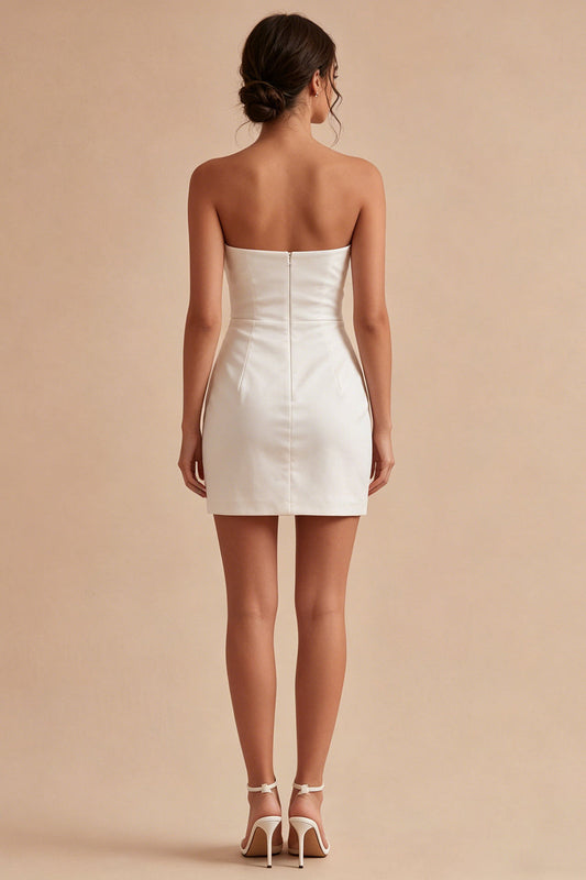 Strapless Bodycon Ruched Little White Dress with Slit