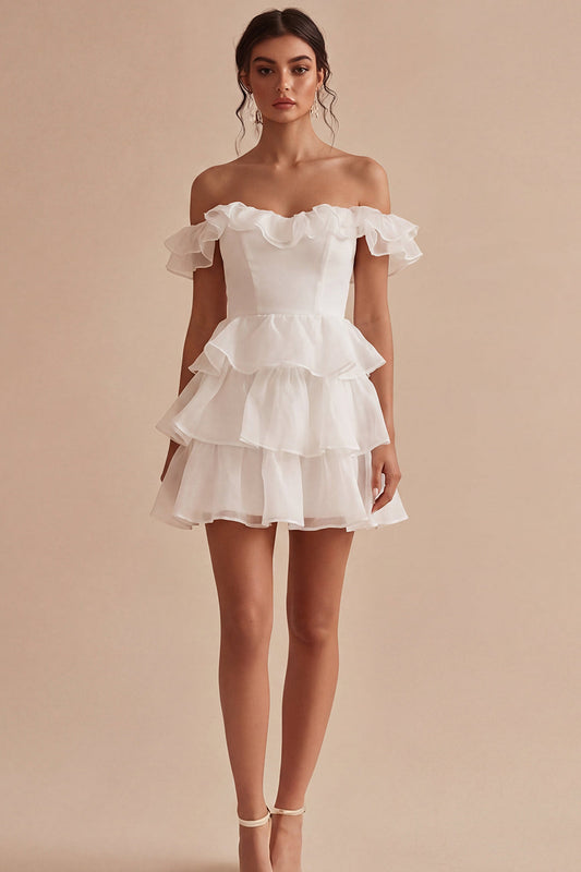 Off-the-Shoulder A-Line Corset Tiered Ruffle Mini Dress