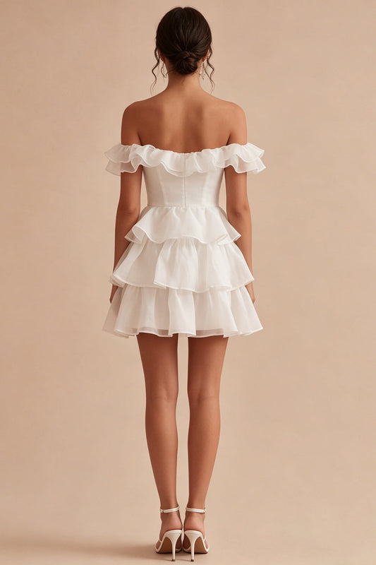 Off-the-Shoulder A-Line Corset Tiered Ruffle Mini Dress