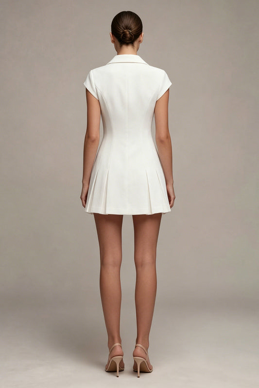 White Single Breasted Notched Lapel A-Line Short Blazer Dress