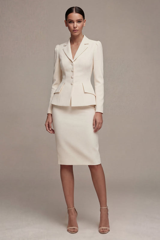 Ivory Long Sleeve 2 Piece Notched Lapel Midi Business Dress with Slit
