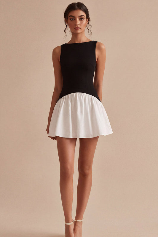 Black and White A-Line Satin Mini Dress