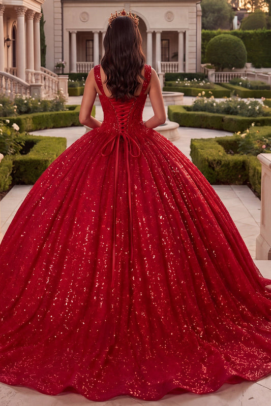 Robe de bal corset rouge pailleté Quinceanera
