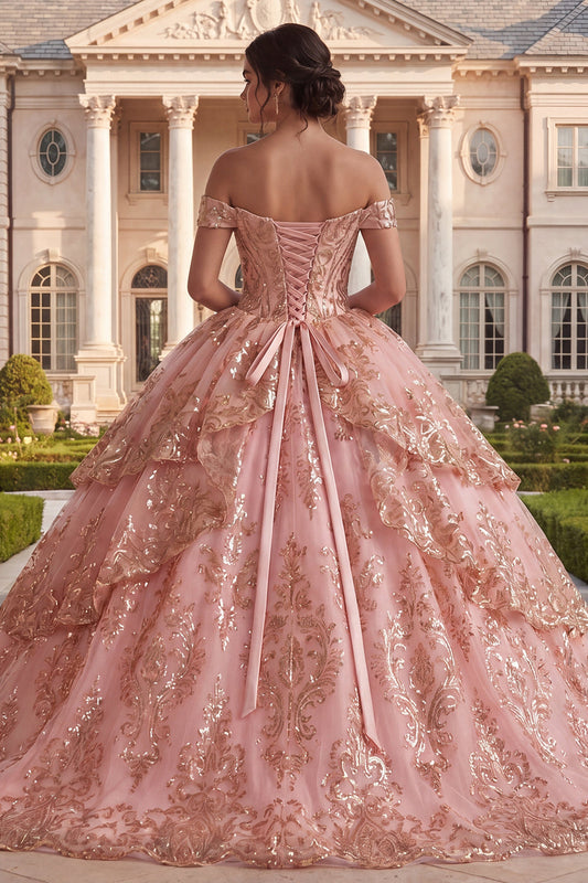 Off the Shoulder Pink Ruffled Ball Gown Quinceanera Dress