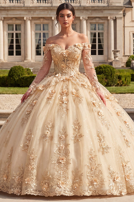 Corset Champagne Off The Shoulder Ball Gown Quinceanera Dress with 3D Flowers