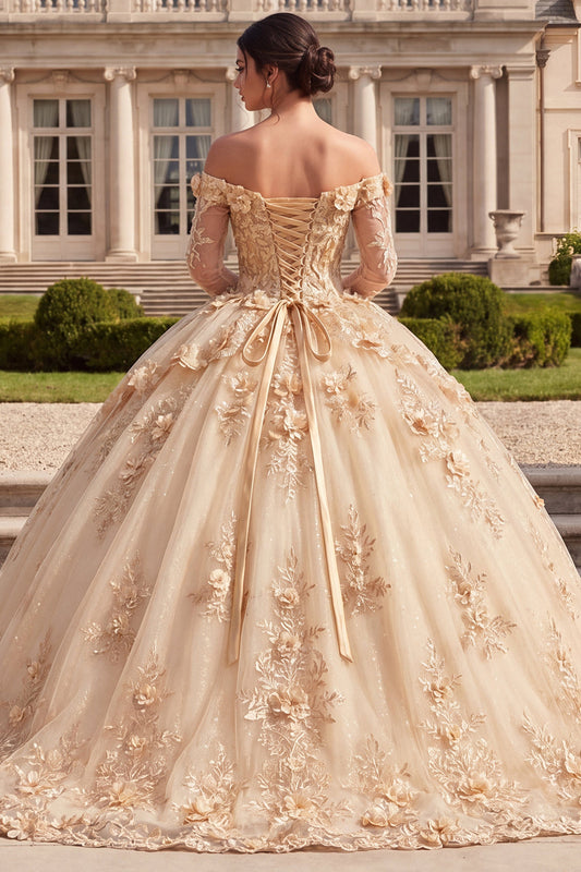 Corset Champagne Off The Shoulder Ball Gown Quinceanera Dress with 3D Flowers