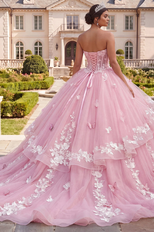 Robe de bal bustier corset rose floral pour Quinceañera