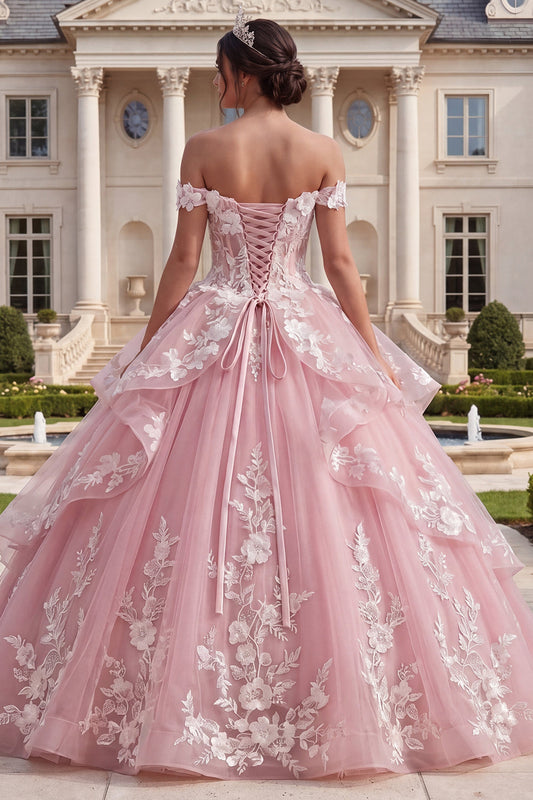Robe de bal de Quinceanera rose avec appliqués, épaules dénudées et volants