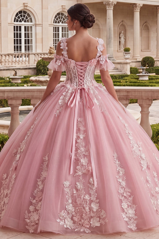 Robe de Quinceanera Rose à Appliqués et Épaules Dénudées